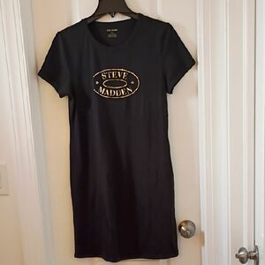 Steve Madden Black T Shirt Dress with Gold Logo Ladies Large